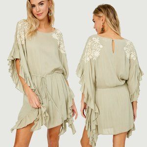 Floral Embroidered Cascading Ruffle Caftan Dress • NWT • Round Neck • Lined